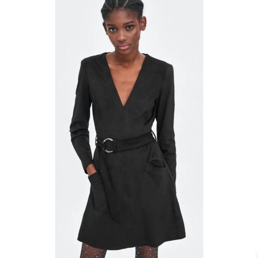 ZARA - TRF Black Faux Suede Belted Long Sleeve Dress - Size XS
